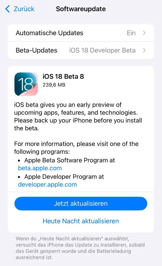 嵊州苹果手机维修分享苹果 iOS / iPadOS 18 开发者预览版 Beta 8 发布 